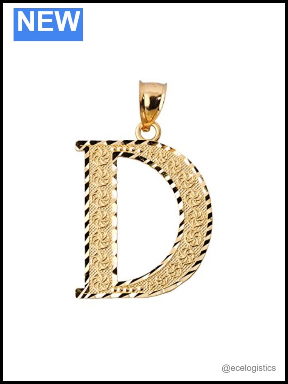 14k Yellow Gold Initial Letter D Charm Pendant 0.7" Solid Gold
